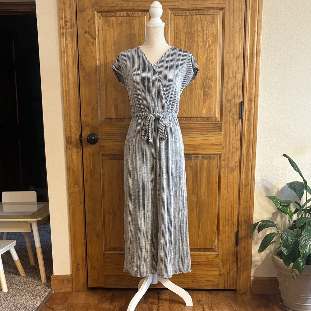 Caution To The Wind Gray Striped Crop Jumpsuit